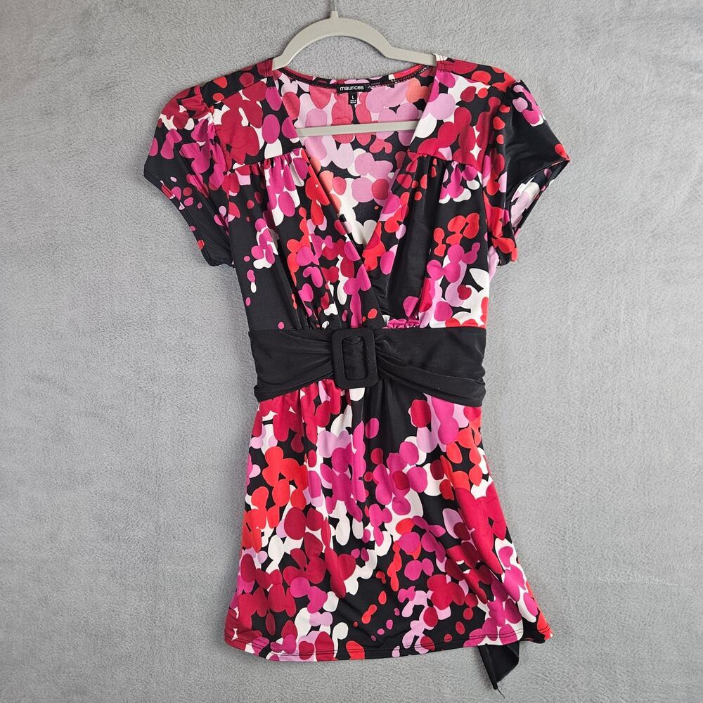 Y2K Pink Black Abstract Maurices V-Neck‎ Belted Top Size Large